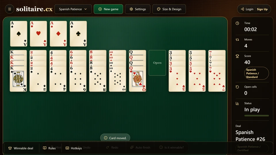 Spanish Patience Solitaire showing a selected card and a reusable empty tableau column.