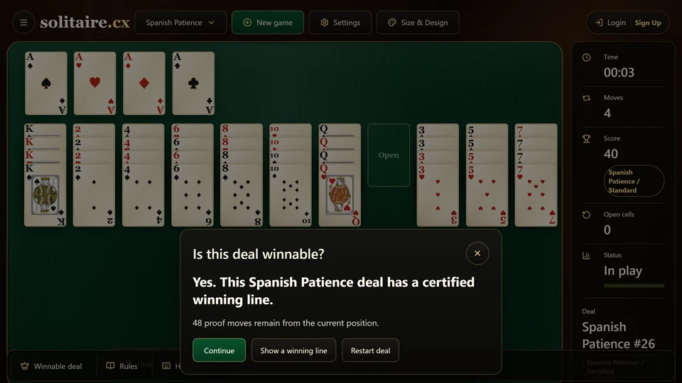 Spanish Patience Check moves panel showing a certified winning line for the current deal.