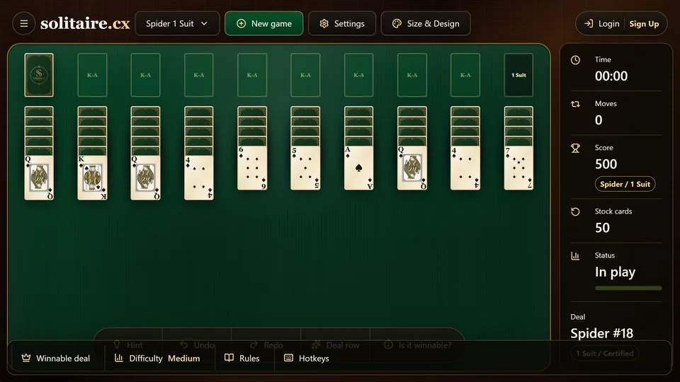 A Spider 1 Suit Solitaire table with 10 tableau columns, a stock pile, completed-run slots and the in-game score panel.