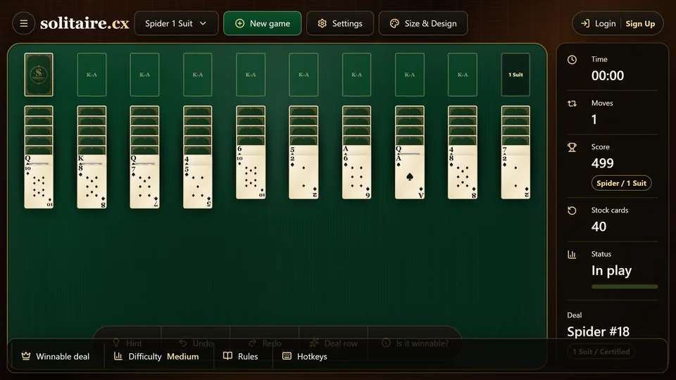 A Spider 1 Suit game after a stock row has been dealt, showing one new face-up card added to each tableau column.