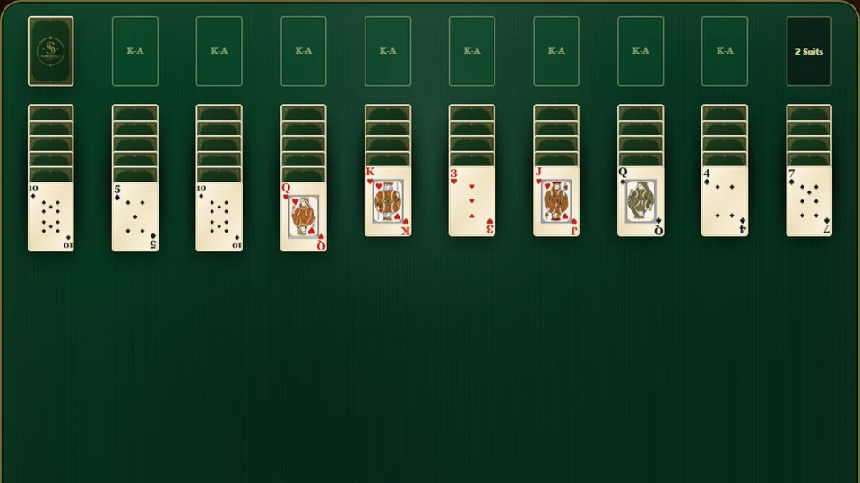 Spider 2 Suits Solitaire table with 10 tableau columns, a stock pile, completed-run slots and a 2-suit mode badge.