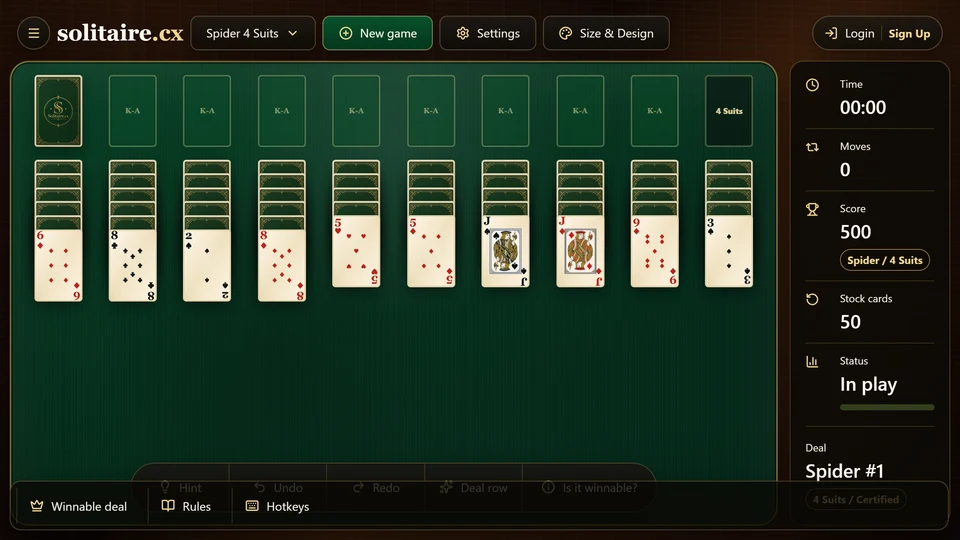 Spider 4 Suits Solitaire table with 10 tableau columns, a stock pile, completed-run spaces and mixed-suit face-up cards.