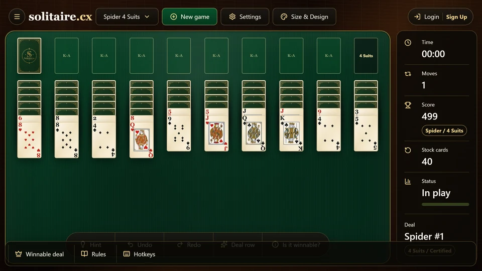 Spider 4 Suits game after a stock deal, showing one new face-up card added to each of the 10 tableau columns.