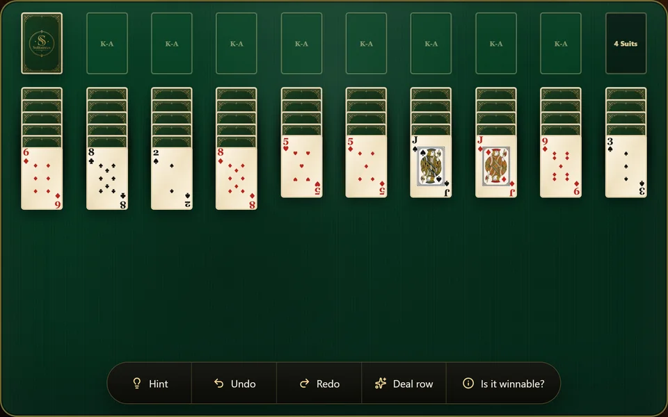 A 4 suit Spider Solitaire deal, with all 4 suits mixed across the 10 columns, which is the hardest version of the game.