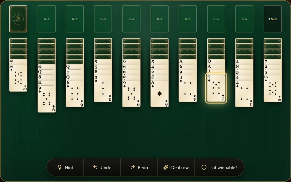 A 1 suit Spider Solitaire game a few minutes in, with several columns building down in order and a longer run taking shape after some stock rows have been dealt.