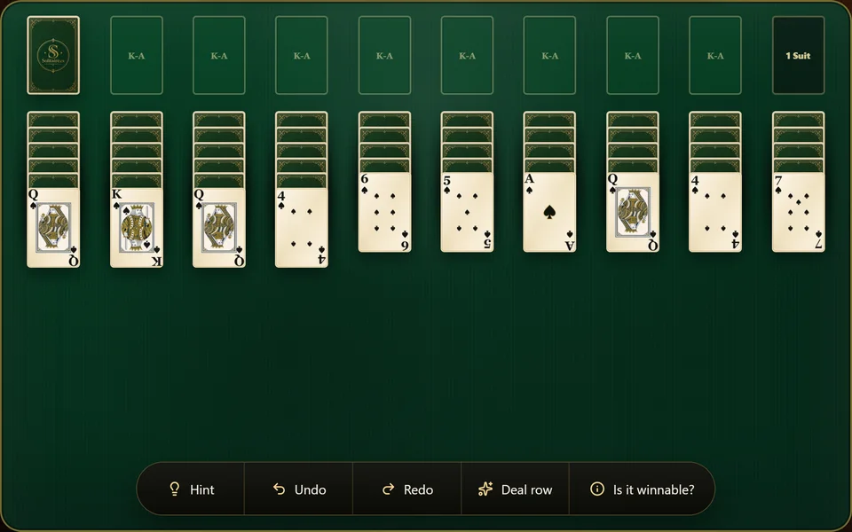 A fresh 1 suit Spider Solitaire deal with 10 columns, only the bottom card of each turned face up, the stock at the side and 8 empty sequence slots across the top.