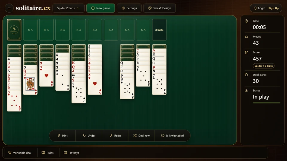 A Spider Solitaire table with an empty tableau column available as temporary working space.