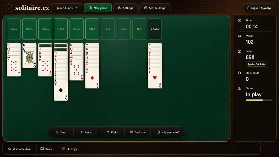 A late Spider Solitaire position with most completed runs removed and the remaining suit fragments visible.