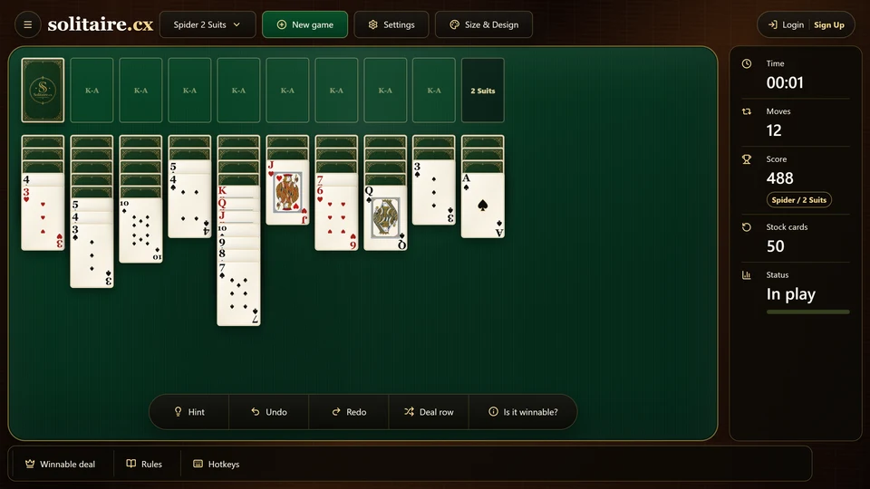 A Spider Solitaire position where a short column has been reduced and a new face-up card has just been exposed.