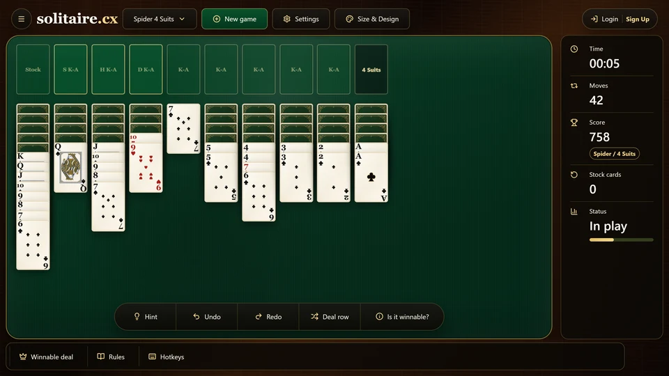 A Spider 4 Suits midgame with 1 clean same-suit fragment and several mixed columns still to repair.