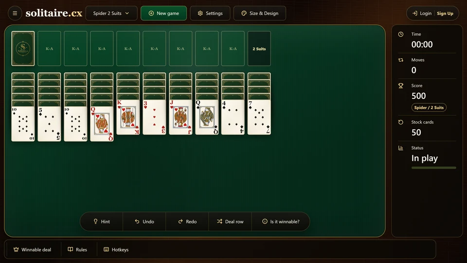 A fresh Spider 2 Suits table with 10 columns and the shortest routes to face-down cards still visible.