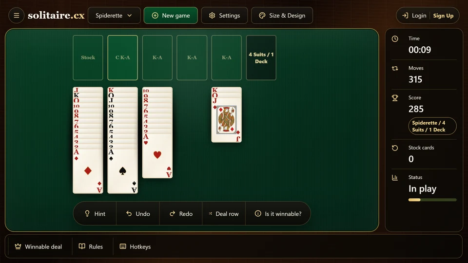 Spiderette board with 1 full same-suit King-to-Ace run removed into a completed-run space.