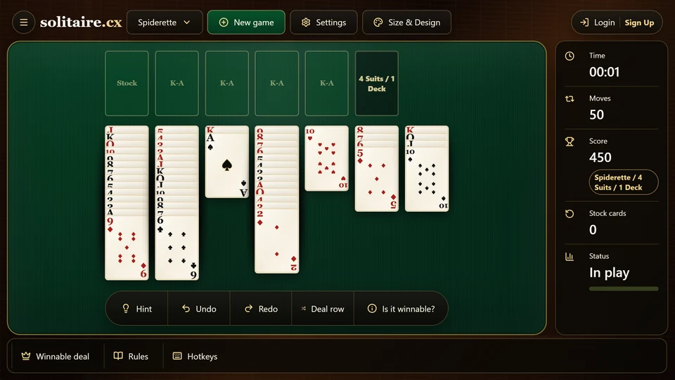 Spiderette table after the final 3 stock cards were dealt to the leftmost columns.