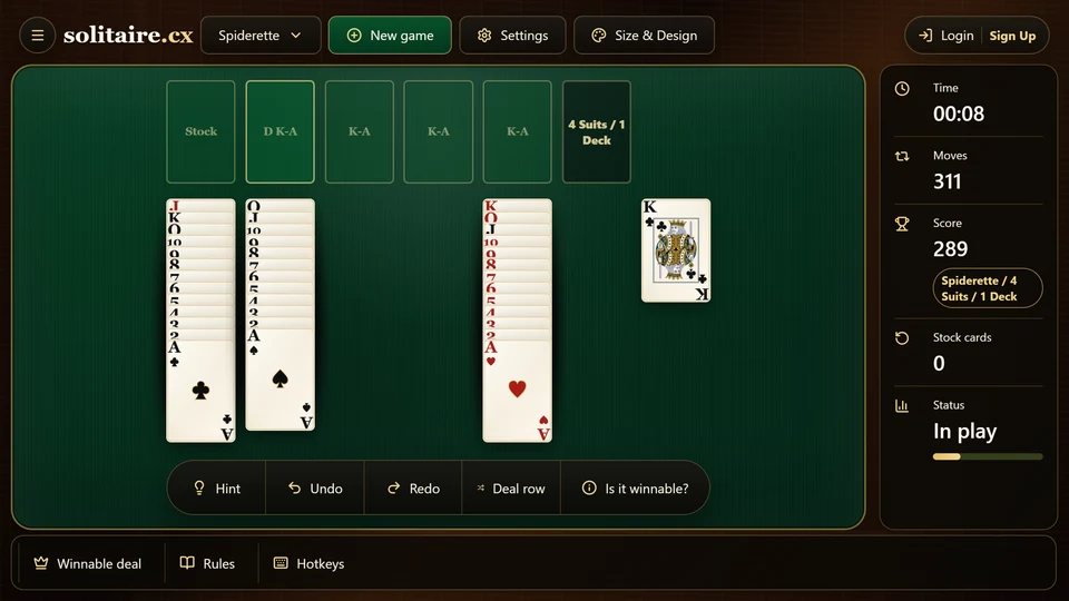 A Spiderette board after a full same-suit King-to-Ace sequence was removed from the tableau.