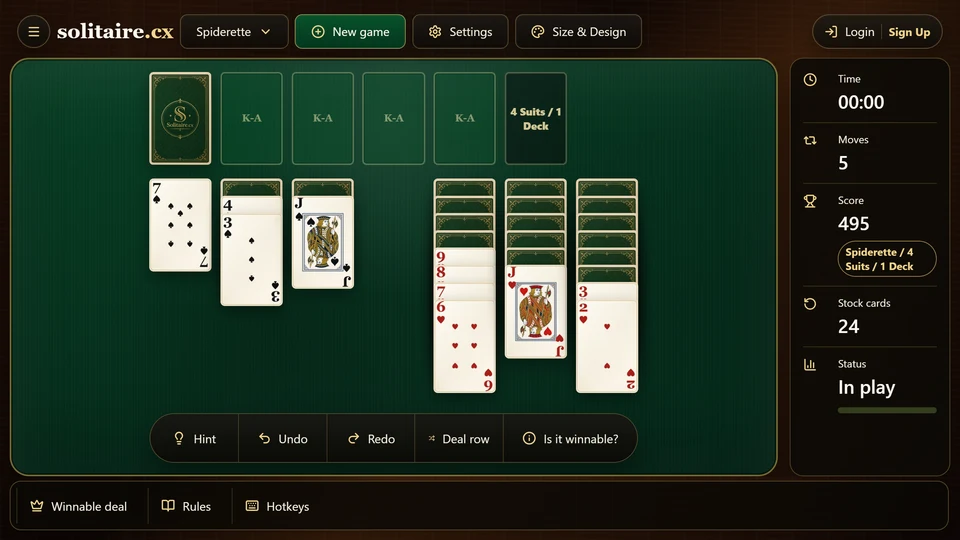 A Spiderette midgame with 1 empty column being used to separate and reorder suited card packets.