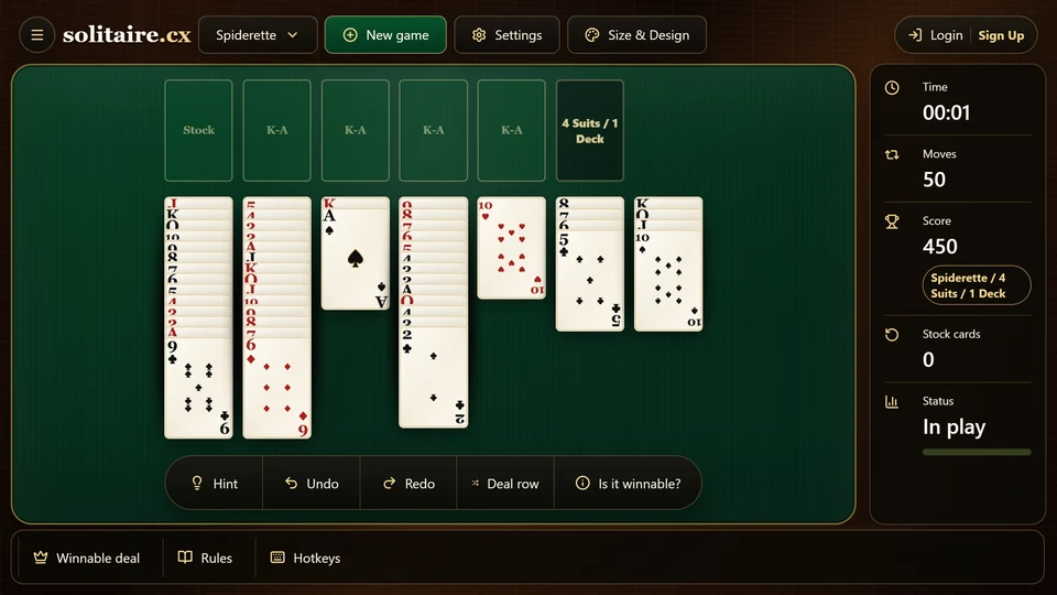 A Spiderette table after the last 3 stock cards landed on columns 1, 2 and 3.