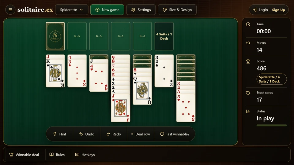 A Spiderette table immediately after the opening 7-card stock packet covered all 7 tableau columns.