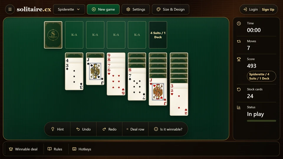 A Spiderette position showing a legal descending placement between 2 cards of different suits.