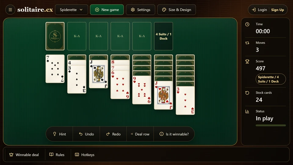 A Spiderette table with a same-suit descending sequence selected as a movable group.