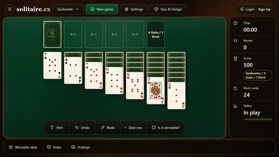 Spiderette opening board with 7 rising tableau columns, a 24-card stock and 4 empty completed-run spaces.