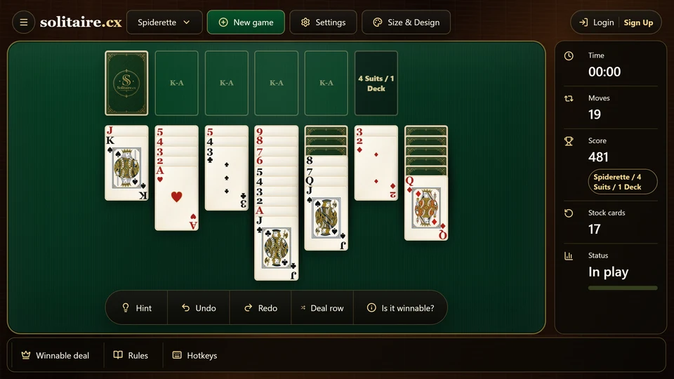 Spiderette midgame with a same-suit descending sequence selected and ready to move as 1 group.