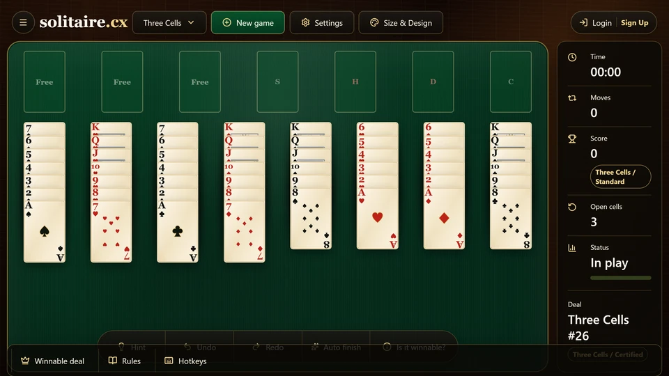 Three Cells Solitaire board with 8 tableau columns, 3 free cells and 4 foundations.