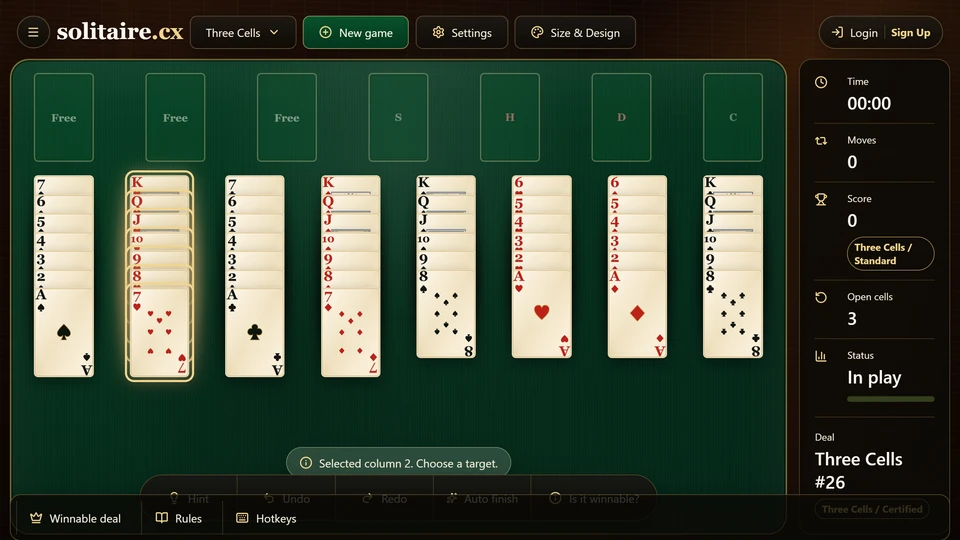 Three Cells Solitaire with a selected card and only 3 holding cells available.