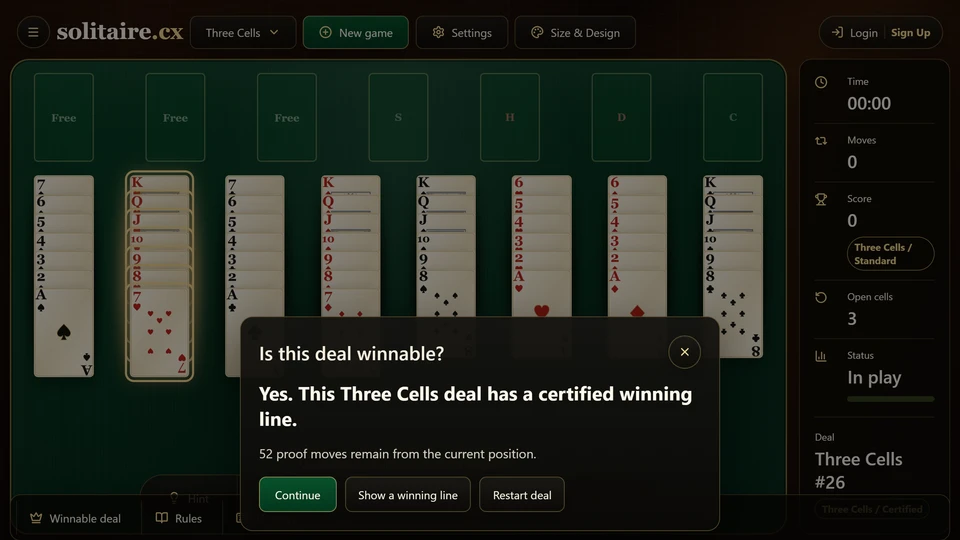 Three Cells Check moves panel showing a certified winning line for the current deal.