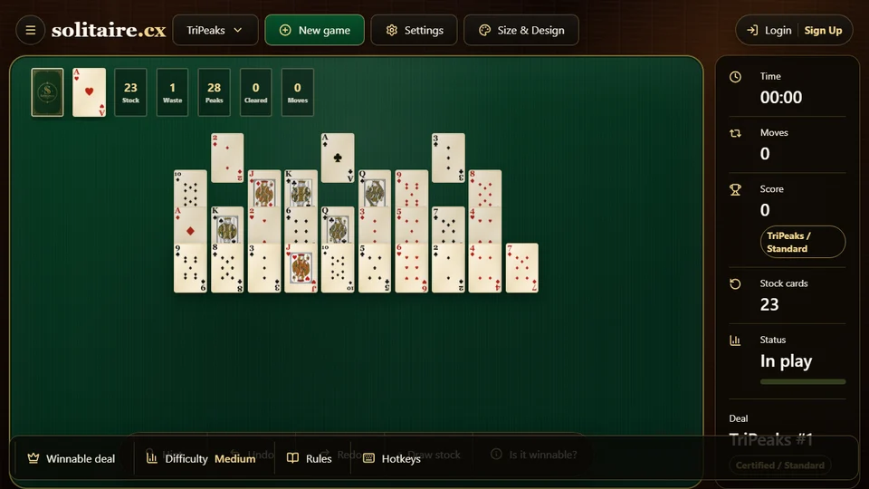 TriPeaks Solitaire board with 3 peaks, a stock pile, a waste card and live table counters.