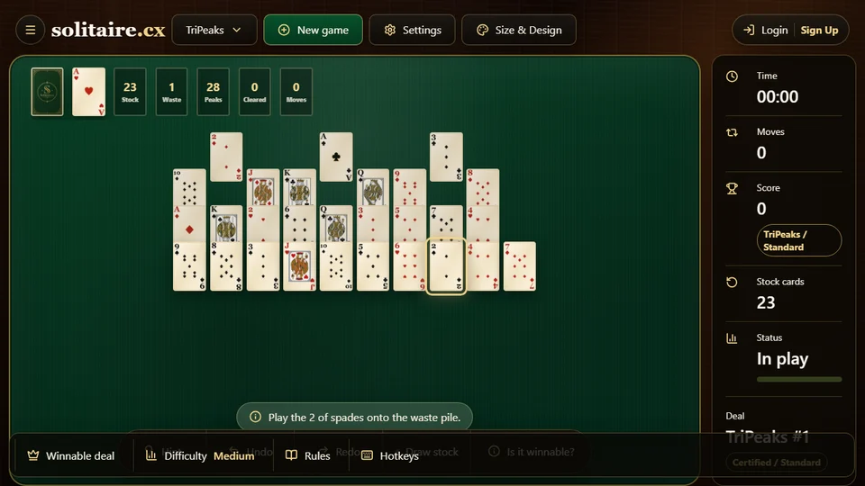 TriPeaks Solitaire game showing exposed cards around the waste card while planning the next chain.