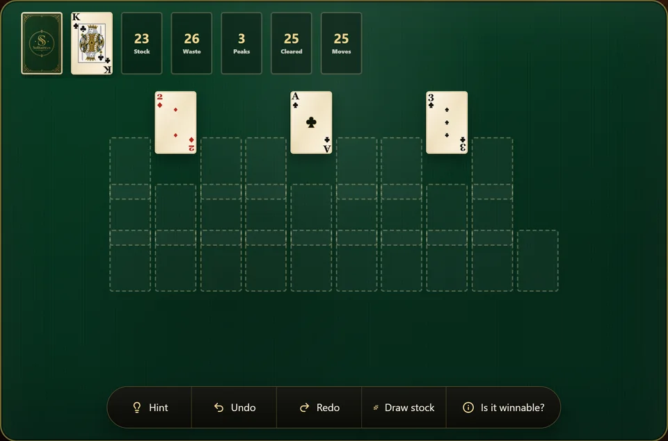 A TriPeaks Solitaire game near the end, with every card cleared except the 3 peak tips, one standing above each emptied peak.
