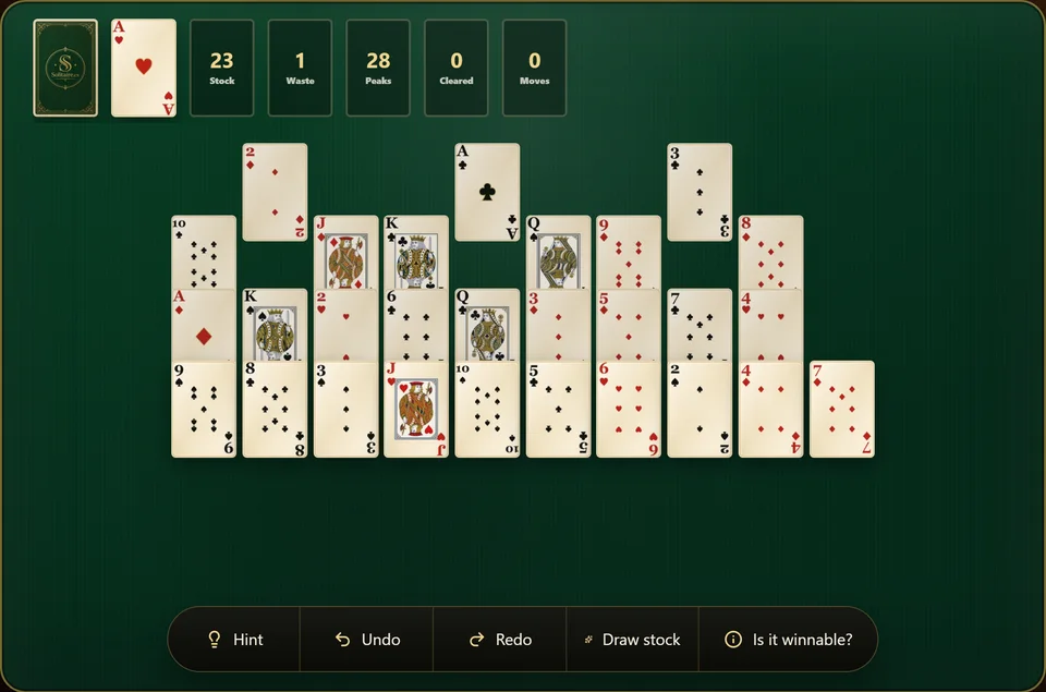 A fresh TriPeaks Solitaire deal showing 3 peaks of cards face up on a shared base row of 10, with the stock and a single waste card to the side.
