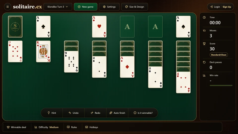 A certified Klondike Turn 3 opening during the 1st stock pass with the stock, waste and 7 tableau columns visible.