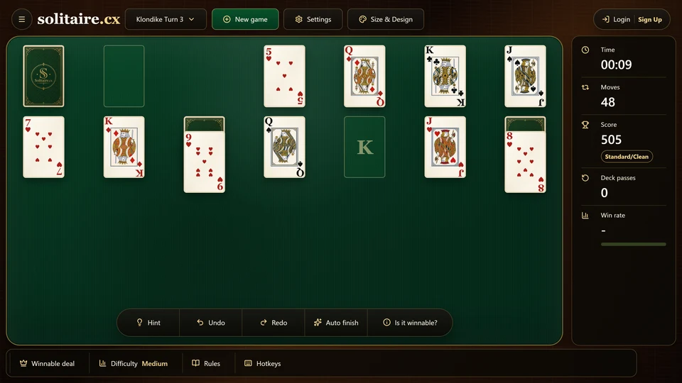 A Klondike Turn 3 table with an empty column available for 2 different King-led options.