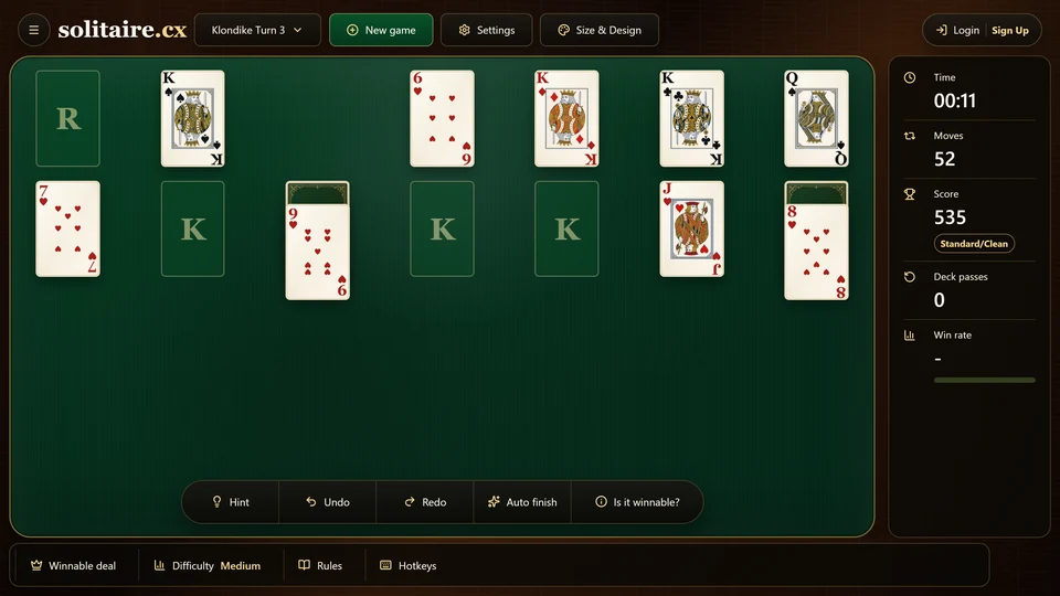 A certified Klondike Turn 3 deal near completion with foundations advanced and only a few cards outside them.