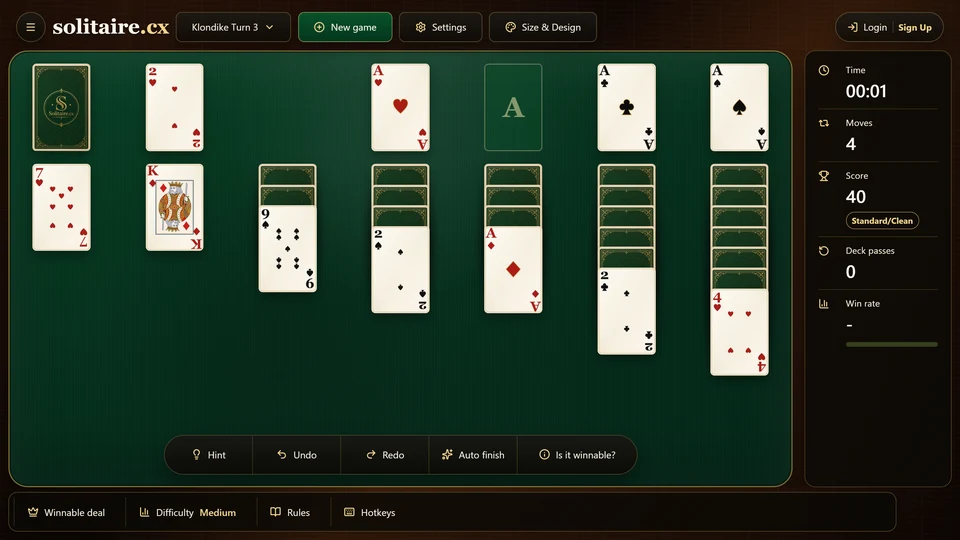A Klondike Turn 3 table after the Ace of clubs left the waste and exposed the 2 of hearts beneath it.