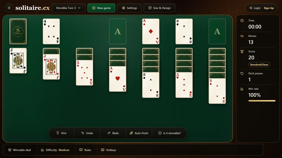 A later Klondike Turn 3 stock pass after a waste card has been removed and the packet alignment has shifted.