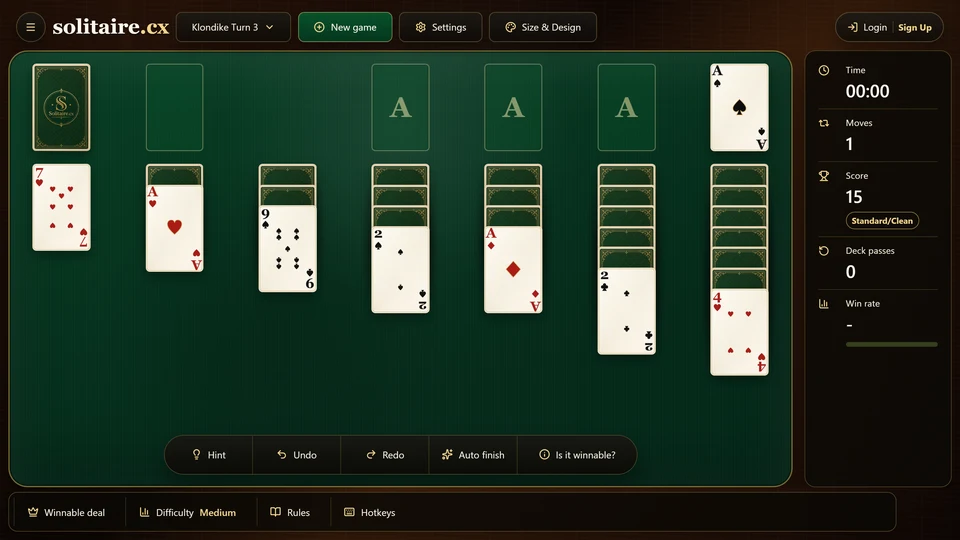 A Klondike Turn 3 position immediately after a tableau move has uncovered a face-down card in a long column.