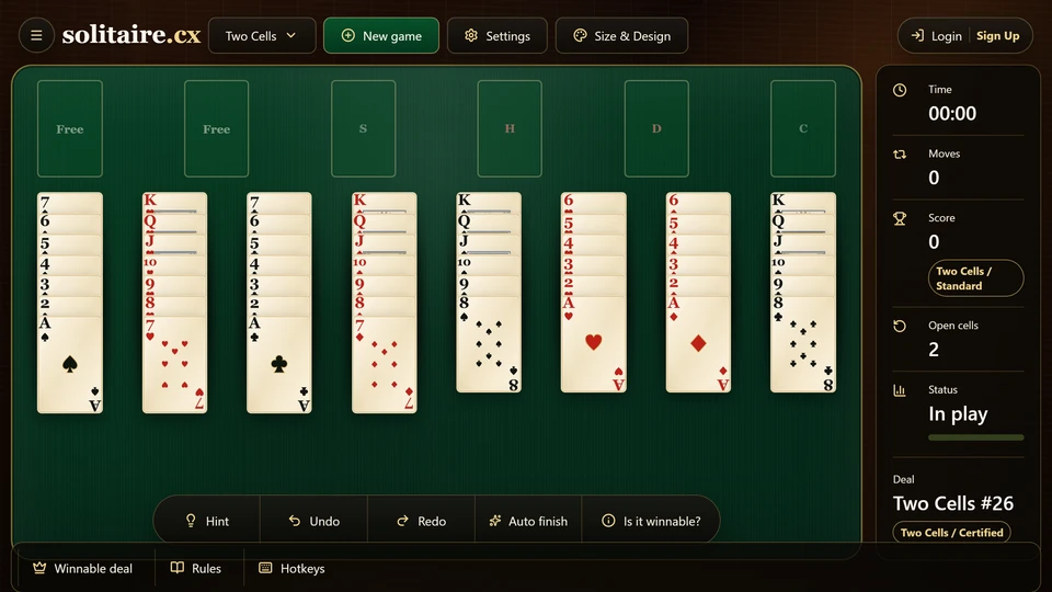 Two Cells Solitaire board with 8 tableau columns, 2 free cells and 4 foundations.