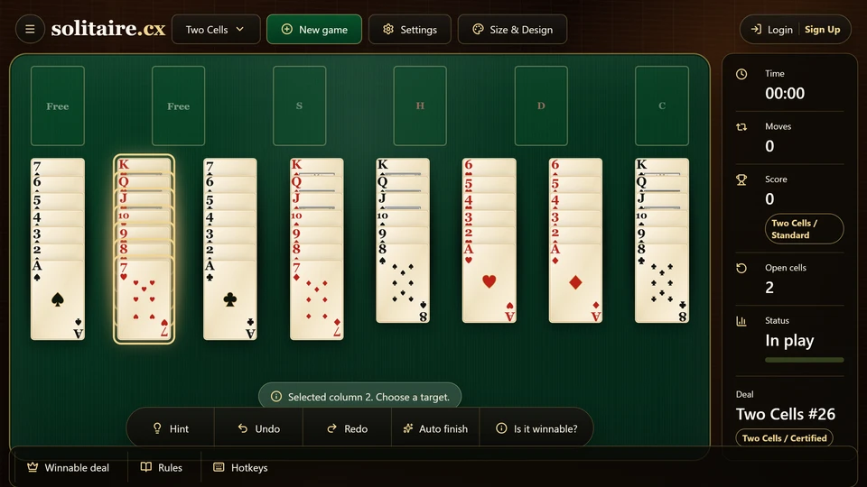 Two Cells Solitaire with a selected card and only 2 holding cells above the tableau.