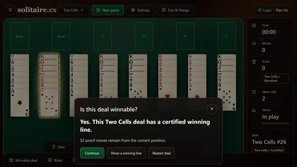 Two Cells Check moves panel showing a certified winning line for the current deal.