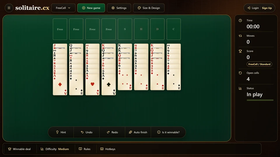 A FreeCell Solitaire deal with all cards face up across 8 columns, 4 empty free cells on the left and 4 empty foundations on the right.