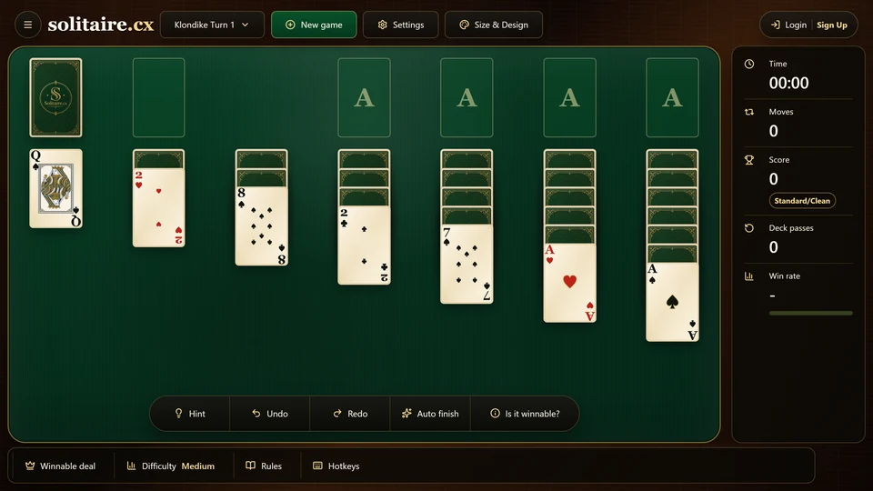 A Klondike Solitaire deal with 7 tableau columns building down in alternating colors, a stock and waste on the left and 4 empty foundations along the top.