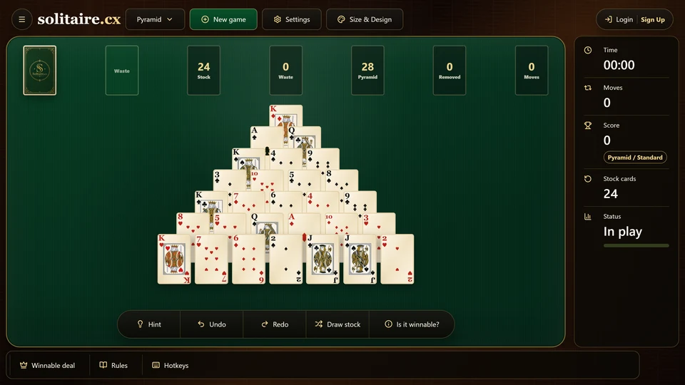 A Pyramid Solitaire deal showing 28 cards arranged in a 7 row pyramid with a stock and waste below, where exposed cards are paired to total 13.