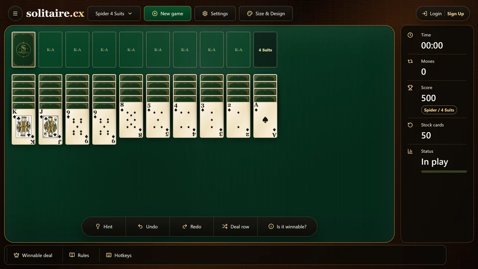 A Spider Solitaire deal with 10 columns dealt from 2 decks, the stock at the side and the 8 slots along the top that fill as suited runs are completed.