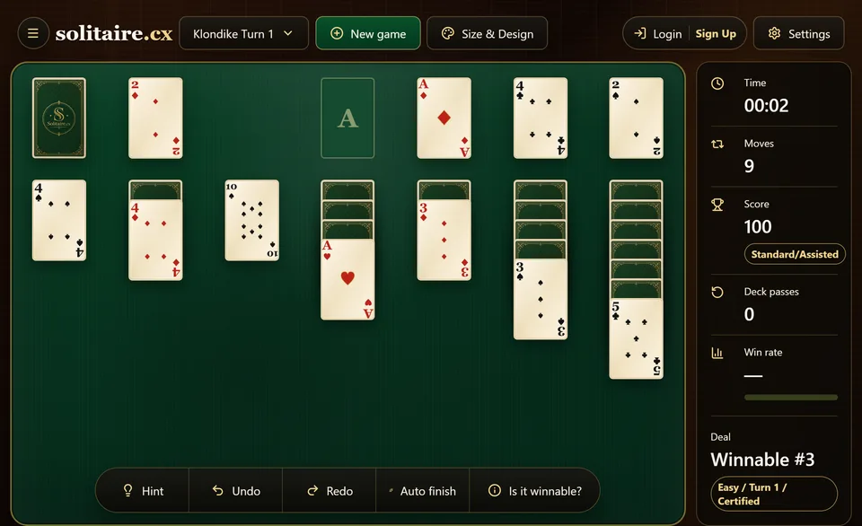 A Klondike game a few moves in, with several face down cards turned over as the columns are dug out and the first cards reaching the foundations.