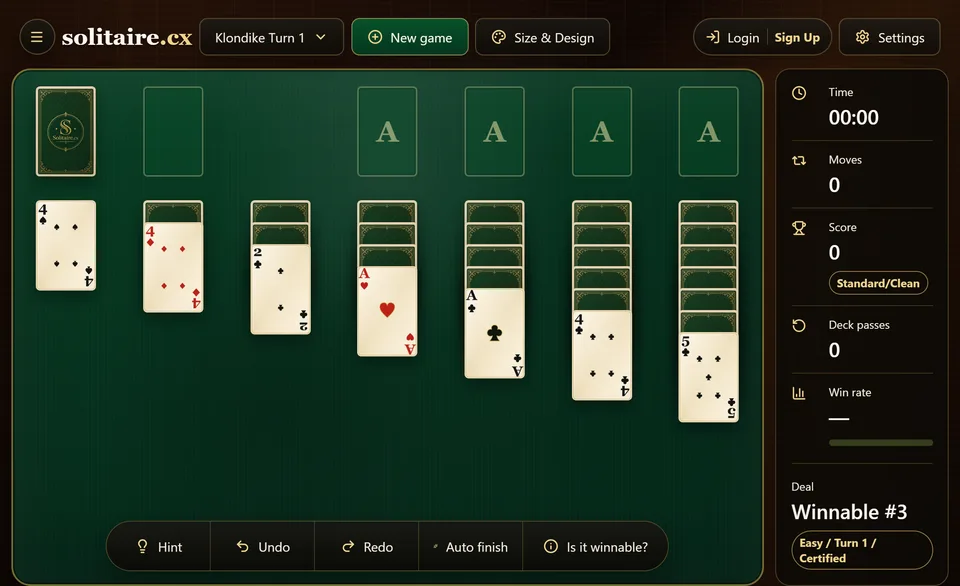 A fresh Klondike deal with one card face up in each of the 7 columns and 2 Aces already showing, before any move has been made.