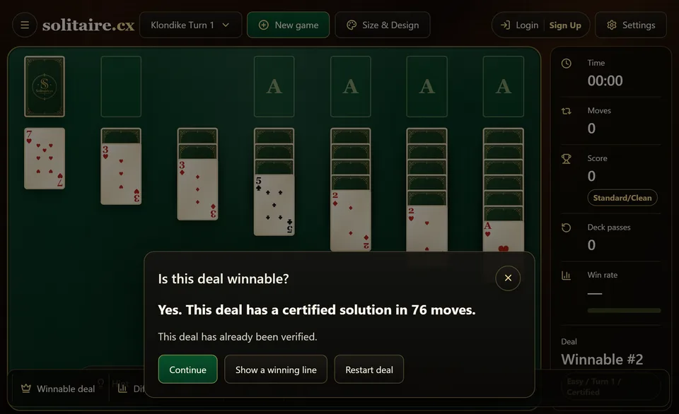 A Solitaire.cx winnable check panel confirming that a certified deal has a finish path.