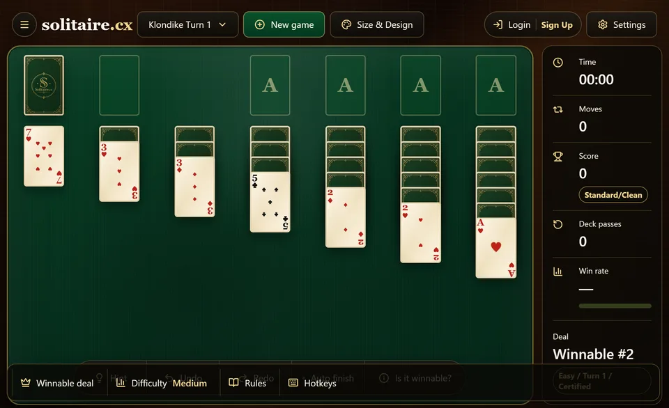 A fresh Klondike Turn 1 deal with 2 Aces showing in the columns and a panel in the lower right reading Winnable number 2, Easy, Turn 1, Certified.