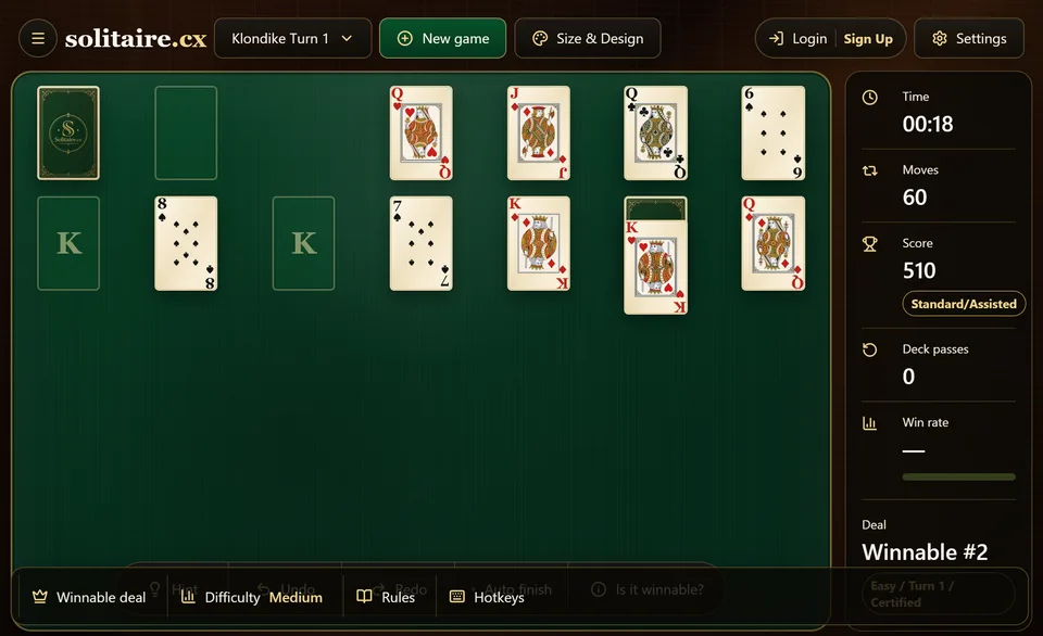 The same Klondike deal late in play, the foundations built up to high cards and most of the tableau columns emptied as the game resolves toward a win.